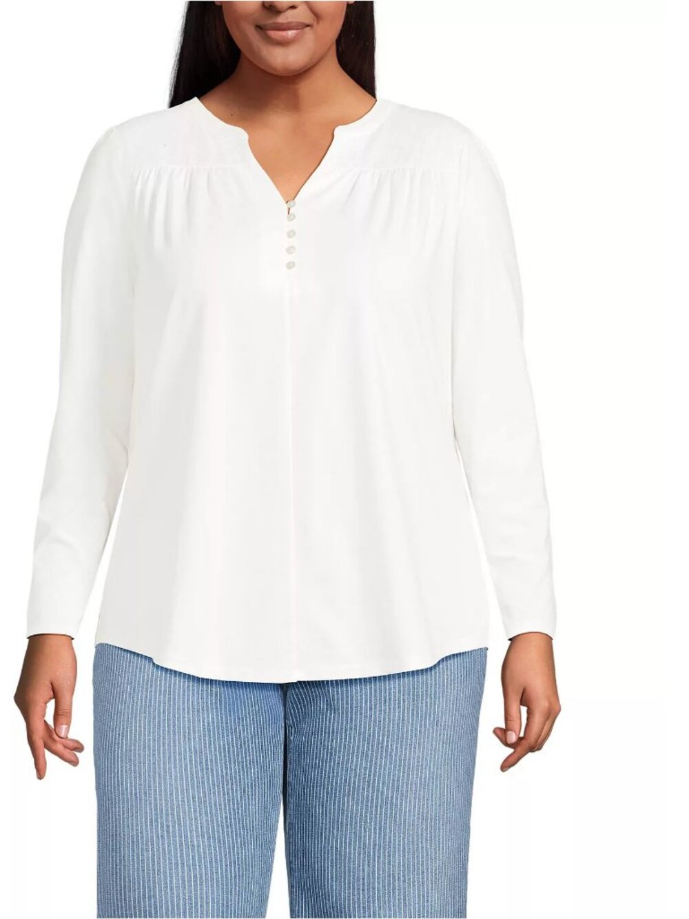 Lands' End White LS Lightweight Soft Jersey Notch Neck Button Detail Tunic Top